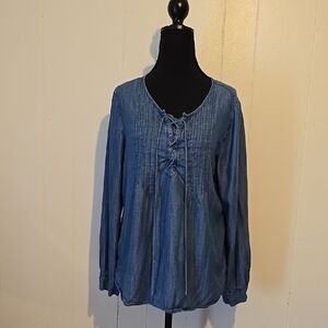 Talbots Blue Smocked Blouse with Tie Front and Scoop Neckline Long Sleeve M